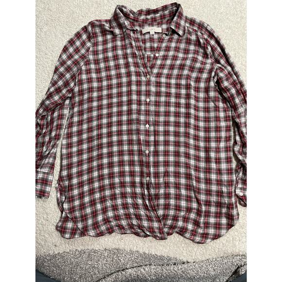 Loft Women's Size Medium Plaid Tie Front Button Down Long Sleeve Shirt Top Red - Picture 2 of 8